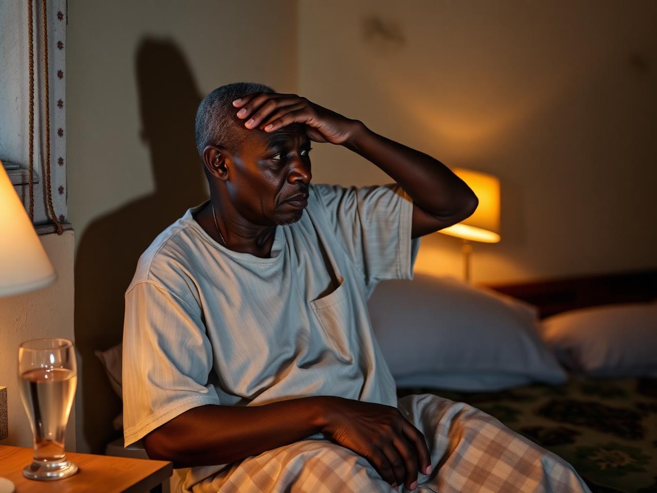 A man awake at night, tired and thirsty