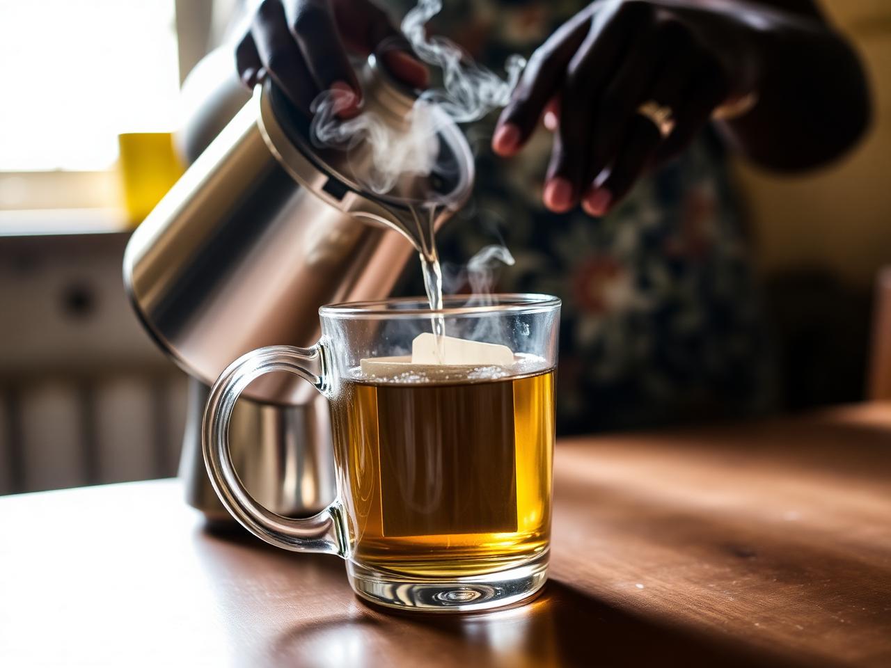 Hot water being poured over a herbal tea sachet in a home kitchen