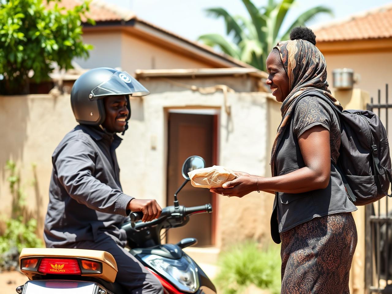 A dispatch rider handing a parcel to a customer at her gate