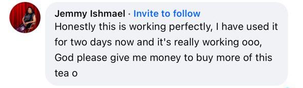 Facebook comment from Jemmy Ishmael: Working perfectly after two days.