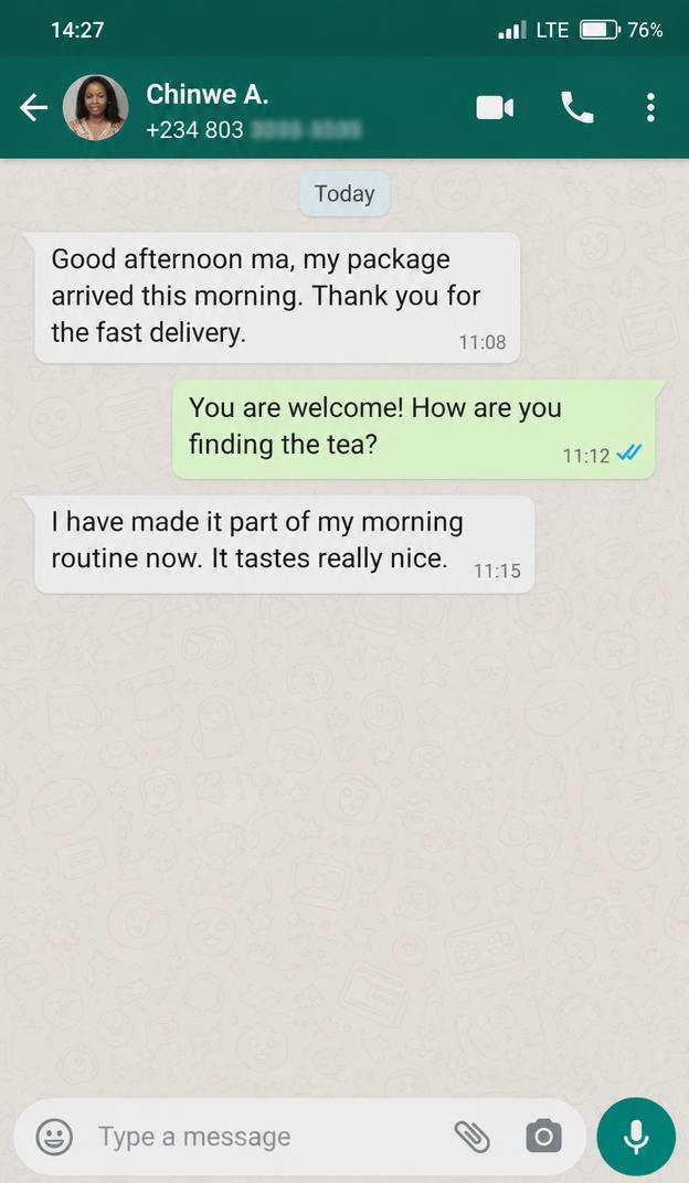 WhatsApp: my package arrived this morning, thank you for the fast delivery.
