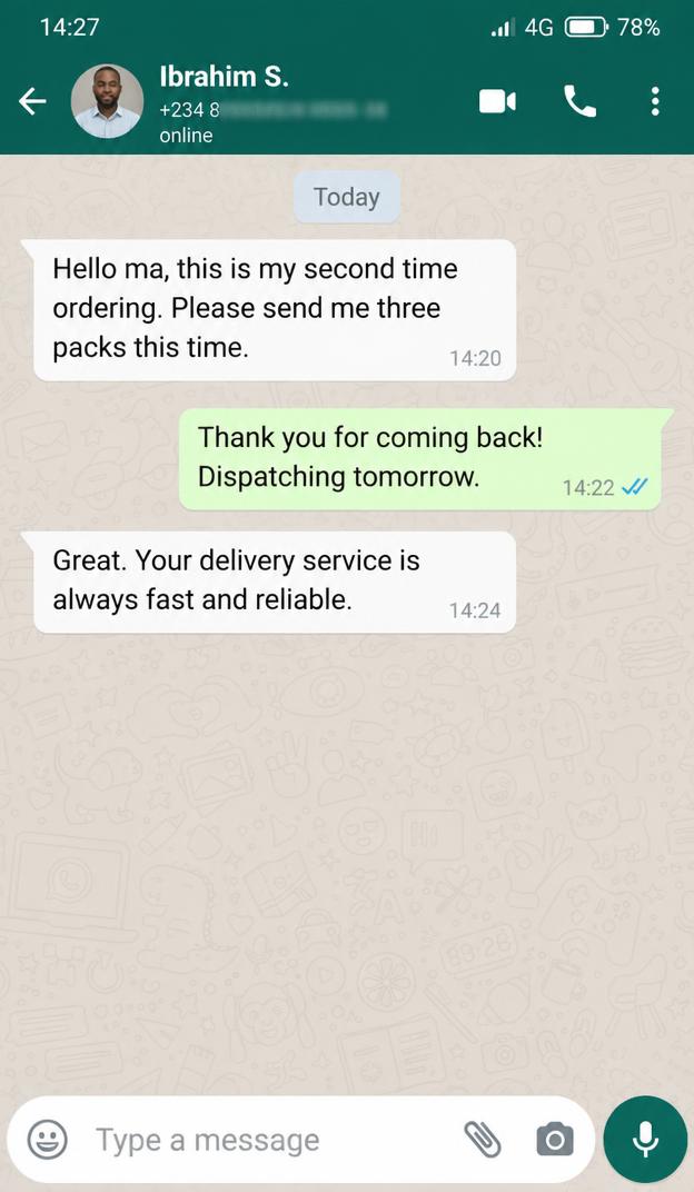 WhatsApp chat: repeat customer ordering three more packs, praises fast reliable delivery.